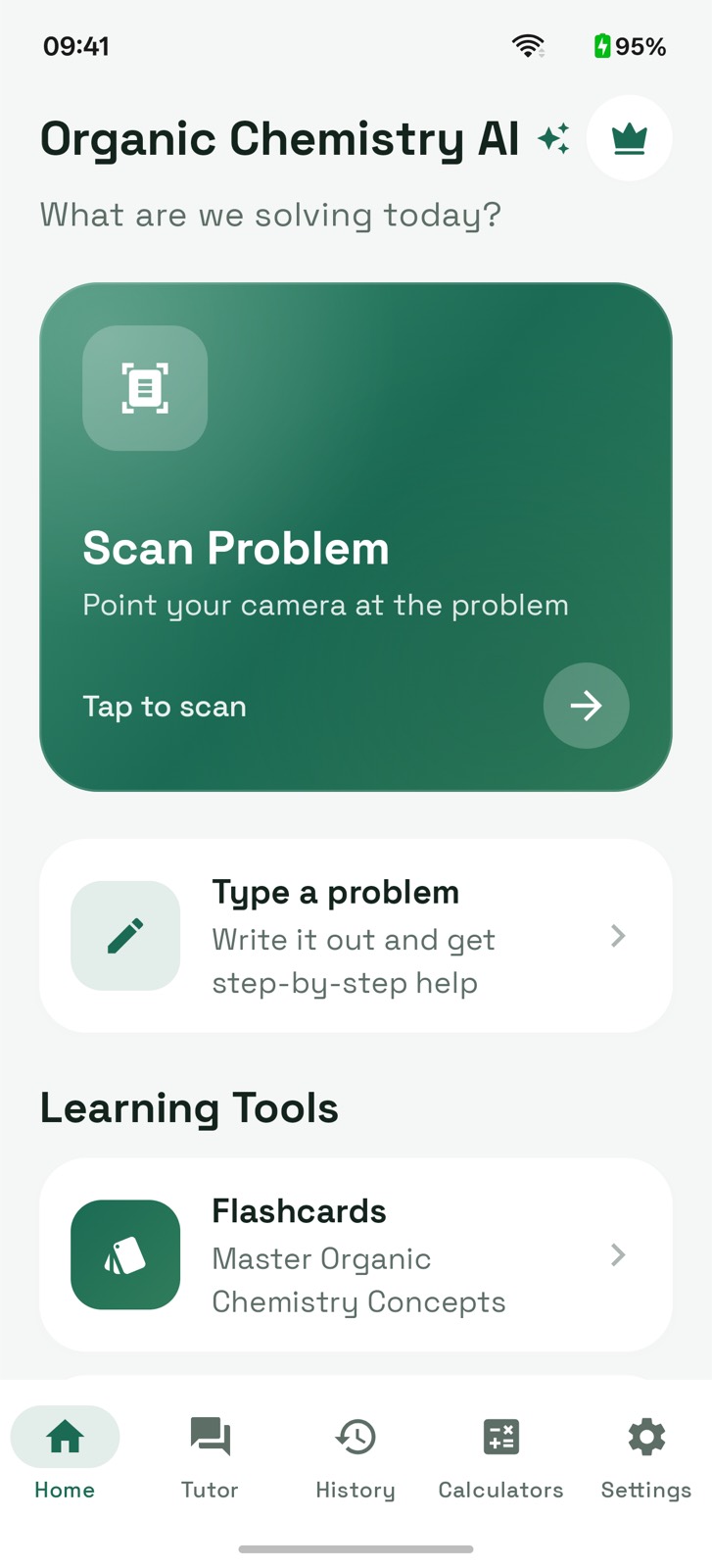 Organic Chemistry AI solver home screen with the scan problem card and learning tools