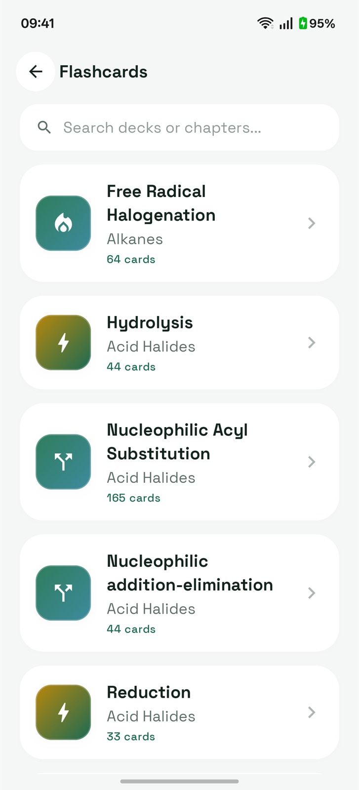 Organic chemistry flashcard deck list showing decks with their card counts