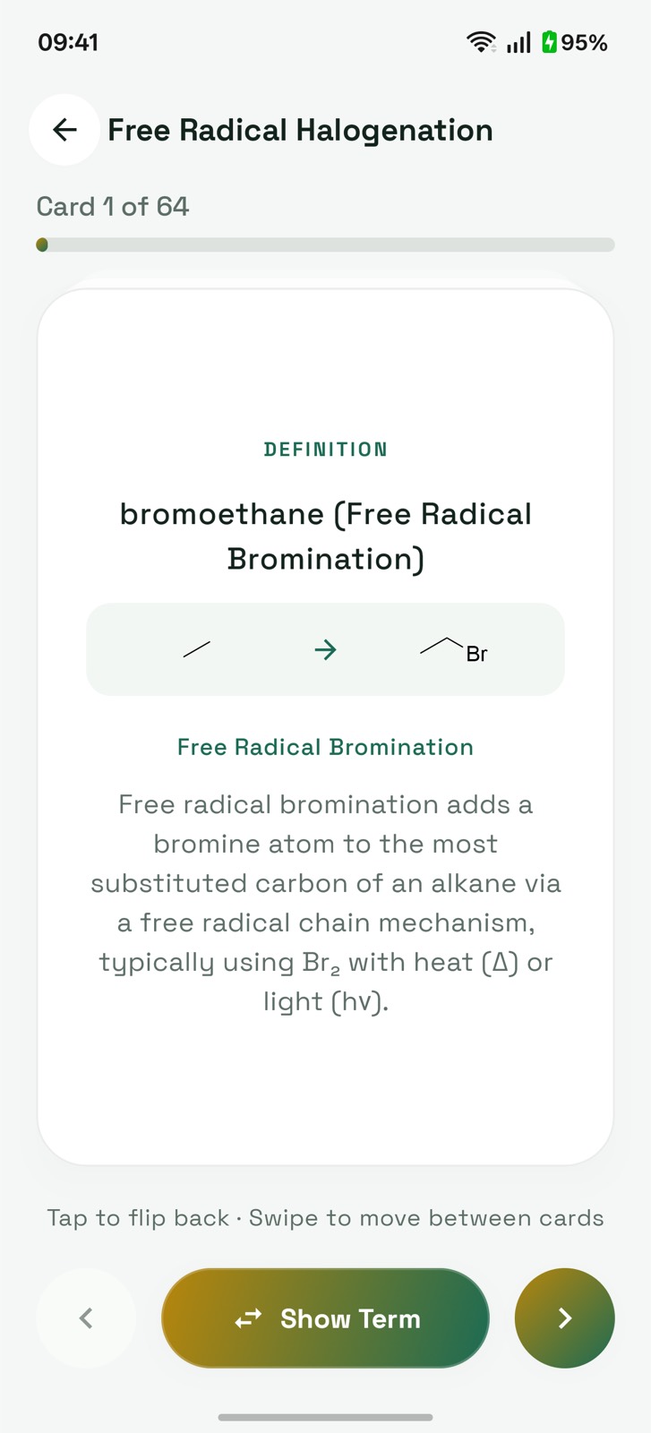 Organic chemistry flashcard showing free radical bromination with its reaction scheme
