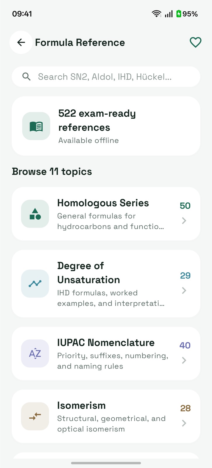 Organic chemistry formula reference with 522 exam-ready entries available offline