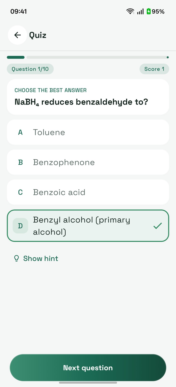 Product prediction quiz question answered correctly with instant feedback