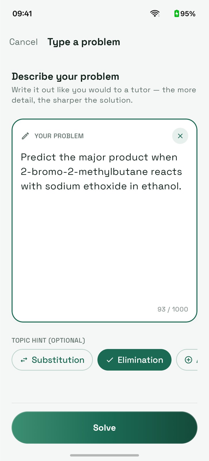 Typing an organic chemistry problem with an elimination topic hint selected
